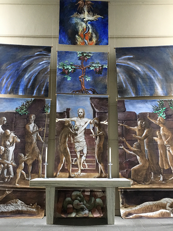 In this set of 10 banners, Jesus descends the stairs of Hell, surrounded by bandaged figures awakened from the dead.